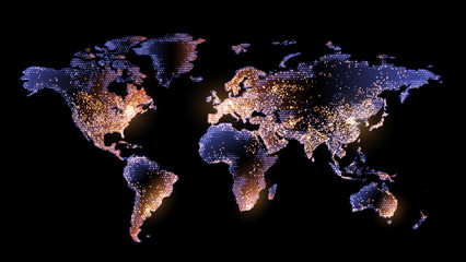 Vector. Map on a black background. Planet Earth from space. Flickering lights of cities and megacities. Global communications system and the World Wide Web. Technologies and communications. Future.