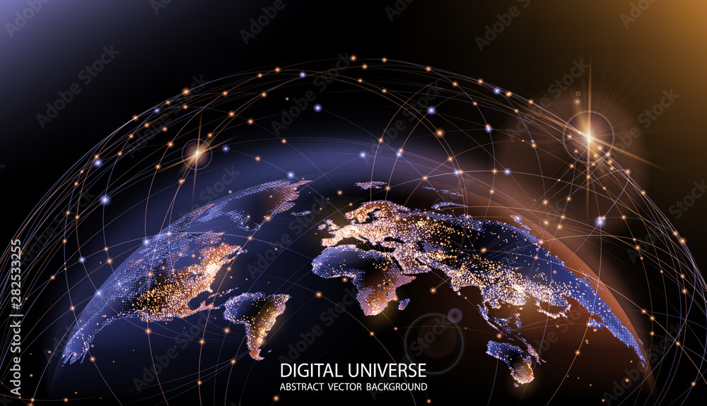 Poster vector. planet earth from space. flickering lights of cities. map of the mainland. global communicat