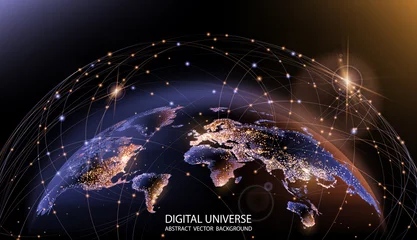 Foto op Plexiglas anti-reflex Vector. Planet Earth from space. Flickering lights of cities. Map of the mainland. Global communications system and the World Wide Web. Technologies and communications. Globalization. Luminous sphere. © vit_mar