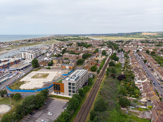 Aerial photo of the town of Shoreham-by-Sea, a seaside town and port in West Sussex, England UK,...
