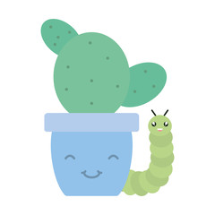 cactu in ceramic pot and worm kawaii style