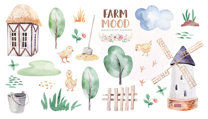 farms animal set mill. Cute domestic pets watercolor illustration. horse and goose. ranchp pig design with goat. rooster chicken and sheep, cow. © kris_art