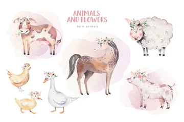 Bauernhöfe Tiergarnitur Mühle. Niedliche Haustier-Aquarellillustration. Pferd und Gans. ranchp Schweinedesign mit Ziege. Hahn, Huhn und Schaf, Kuh. © kris_art