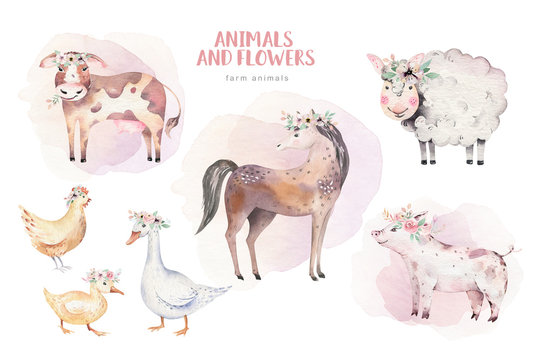 farms animal set mill. Cute domestic pets watercolor illustration. horse and goose. ranchp pig design with goat. rooster chicken and sheep, cow.