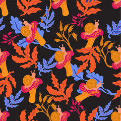 Mushrooms, leaves and snails of forest nature seamless pattern vector illustration.