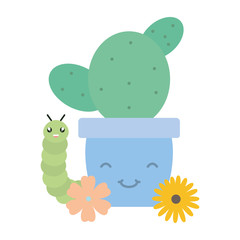 cactu in ceramic pot and worm kawaii style