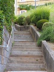 Steile Steintreppe dekoriert mit grünen Büschen