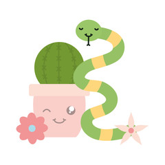 cactu in ceramic pot and snake kawaii style