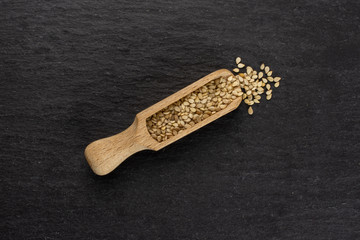 Lot of whole unpeeled sesame seeds with wooden scoop flatlay on grey stone