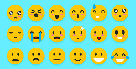 Set of yellow Emoticons. Isolated smile face. Emoji Mood on blue background . Vector illustration characters for applications and games. Happiness and joy, anger and cry.