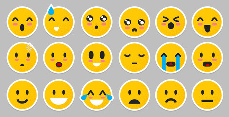 Set of yellow Emoticons. Isolated smile face. Emoji Mood on Gray background . Vector illustration characters for applications and games. Happiness and joy, anger and cry.