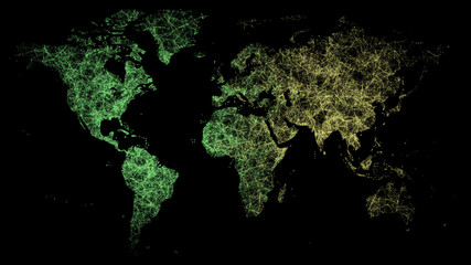 World map drawn with green and golden abstract lines on a dark background
