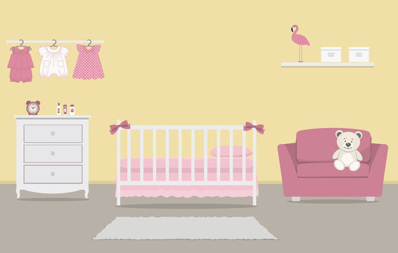 Kid's room for a newborn baby. Interior bedroom for a baby girl in a yellow and pink color. There is a cot, a dresser, armchair, baby clothes, toys and other things in the picture. Vector