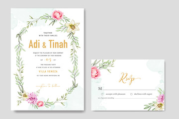 beautiful watercolor wedding invitation card with floral and leaves background template