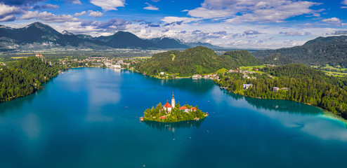 Bled, Slovenia - Aerial panoramic skyline view of Lake Bled (Blejsko Jezero) with the Pilgrimage...