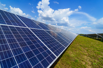 Solar panel on sky background. Photovoltaic power supply systems. Solar power plant. The source of...