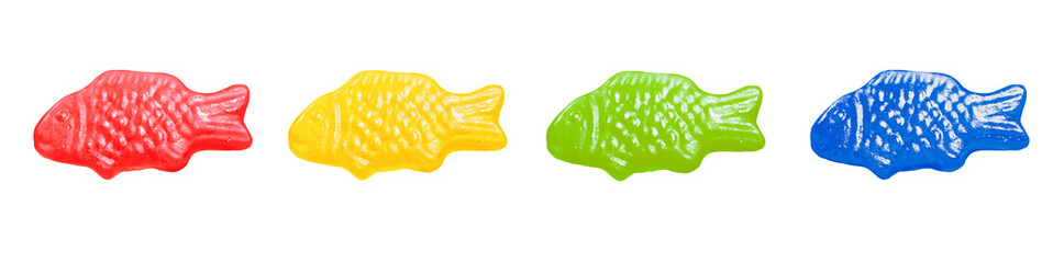 Isolated multicoloured fish-shaped jellies. Jellyfish. Typical norwegian sweets called Jordbærfisker.