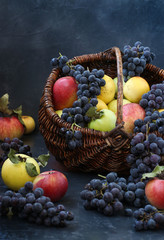 Autumn still life with apples and grapes located on a dark background, Apples and grapes in a basket