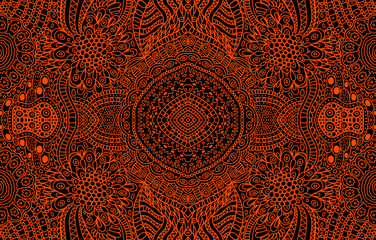 Psychedelic ornamental background. Red lines on the black backdrop. Tribal geometrical pattern. Vector art illustration