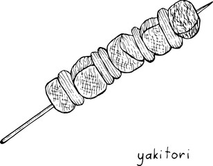 Yakitori - japanese food ink illustration. Graphic black and white artwork. Coloring page for adults. Vector illustration