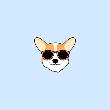  Cute Corgi Dog Face With Sunglasses Cartoon, Vector Illustration