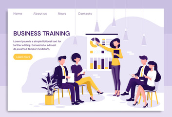 Smart businesswoman giving a presentation to colleagues during in house business training pointing to charts and statistics in a colorful Flat Vector illustration