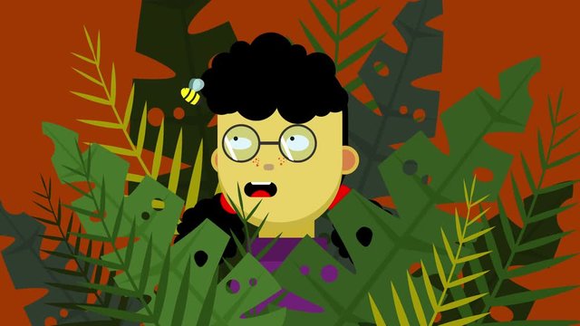 Funny animation of a scary los girl at the jungle. cute nerd girl character animation loop. cartoon scene of a studen girl exploring insects at a tropical rain forest seamless loop.