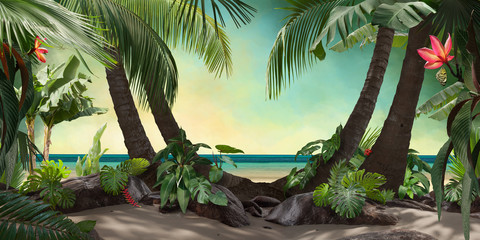 belle vue sur la lagune de plage avec palmiers et feuilles tropicales, peut être utilisé comme arrière-plan