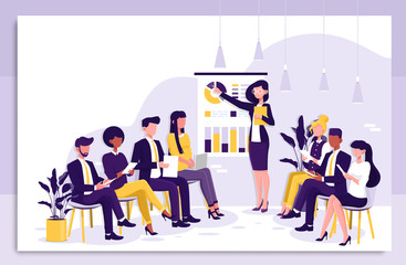 Smart businesswoman giving a presentation to colleagues during in house business training pointing to charts and statistics in a colorful Flat Vector illustration