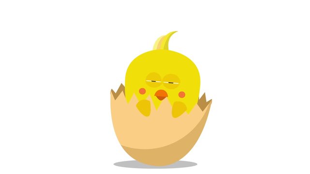 Cute little sleepy yellow chick in cracked egg shell seamless cartoon animation. Easter chick stands and waves his wings trying to stay awake. funny bird isolated on white background. 2d flat Colorful