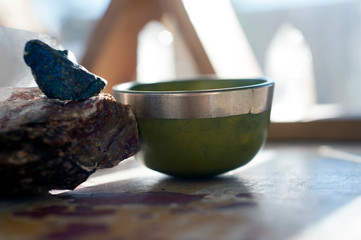 Crystals for spiritual healing intention manifestation. Home Altar with wood pyramid shelf. 
