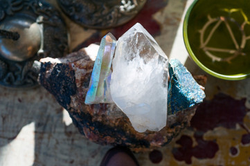Crystals for spiritual healing intention manifestation. Home Altar with wood pyramid shelf. 