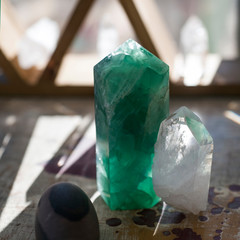 Crystals for spiritual healing intention manifestation. Home Altar with wood pyramid shelf. 