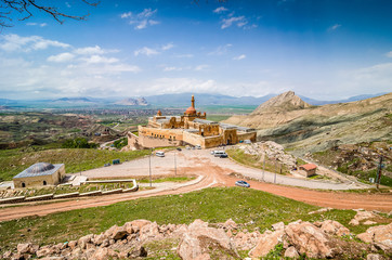 Dogubeyazit, Turkey - May 24, 2017. Palace Ishak Pasha near to Ararat mountain