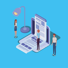 online education with laptop and mini people