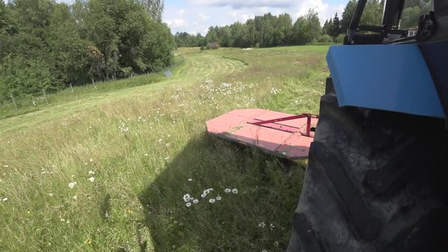 Start of movement in a partially mowed meadow, You can see even rolls of already mowed hay, flowers hide under the mower, at the end of the rut turn