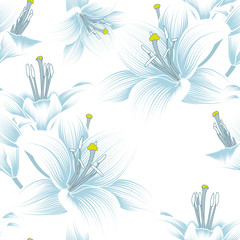 Hand drawn seamless floral pattern with lily flowers and tropical leaves. Vector illustration. Element for design.