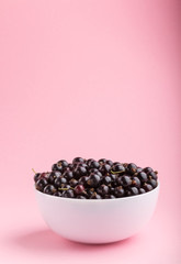 Fresh black currant in white bowl on  pink background. side view.