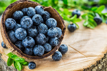 Fresh blueberries background with copy space for your text. Blueberry antioxidant organic superfood in a bowl concept for healthy eating and nutrition