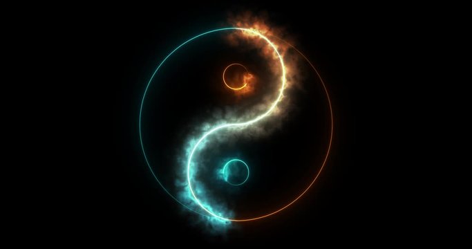 Fire and ice outline glowing ying yang symbol on transparent background