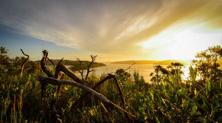 A view of the sunset from Barrenjoey lighthouse on Palm beach. Palm beach is located in the north shore of Sydney, New South Wales.