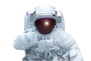 The astronaut shows the sign a class, in a space suit, isolated on a white background. Elements of this image were furnished by NASA © Artsiom P