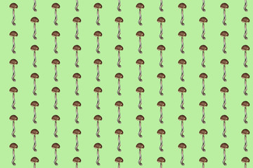Amanita. Botanical seamless pattern with red mushrooms. Natural elements hand painted with color pencils. Floral watercolor background