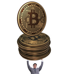 Businessman holding bitcoin in cryptocurrency blockchain concept