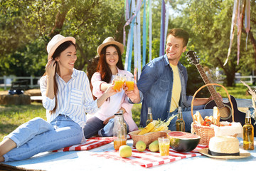 Happy friends having picnic in park on sunny day