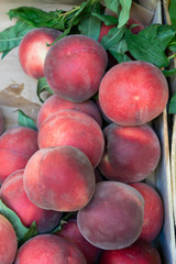Texture background of fresh organic sweet red ripe peaches at the street market.