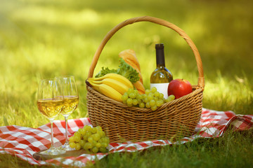 Picnic basket with food and wine on blanket in park
