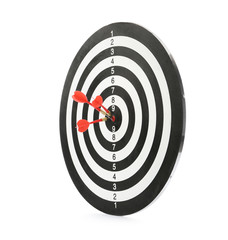 Red arrows hitting target on dart board against white background