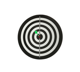 Green arrow hitting target on dart board against white background