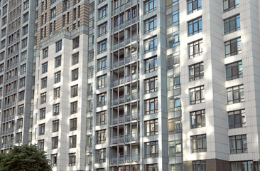 KYIV, UKRAINE - MAY 21, 2019: Beautiful view of modern housing estate in Pecherskyi district on sunny day